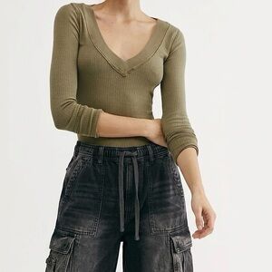 Free People Ribbed V-Neck Long Sleeve Top in Army Birch